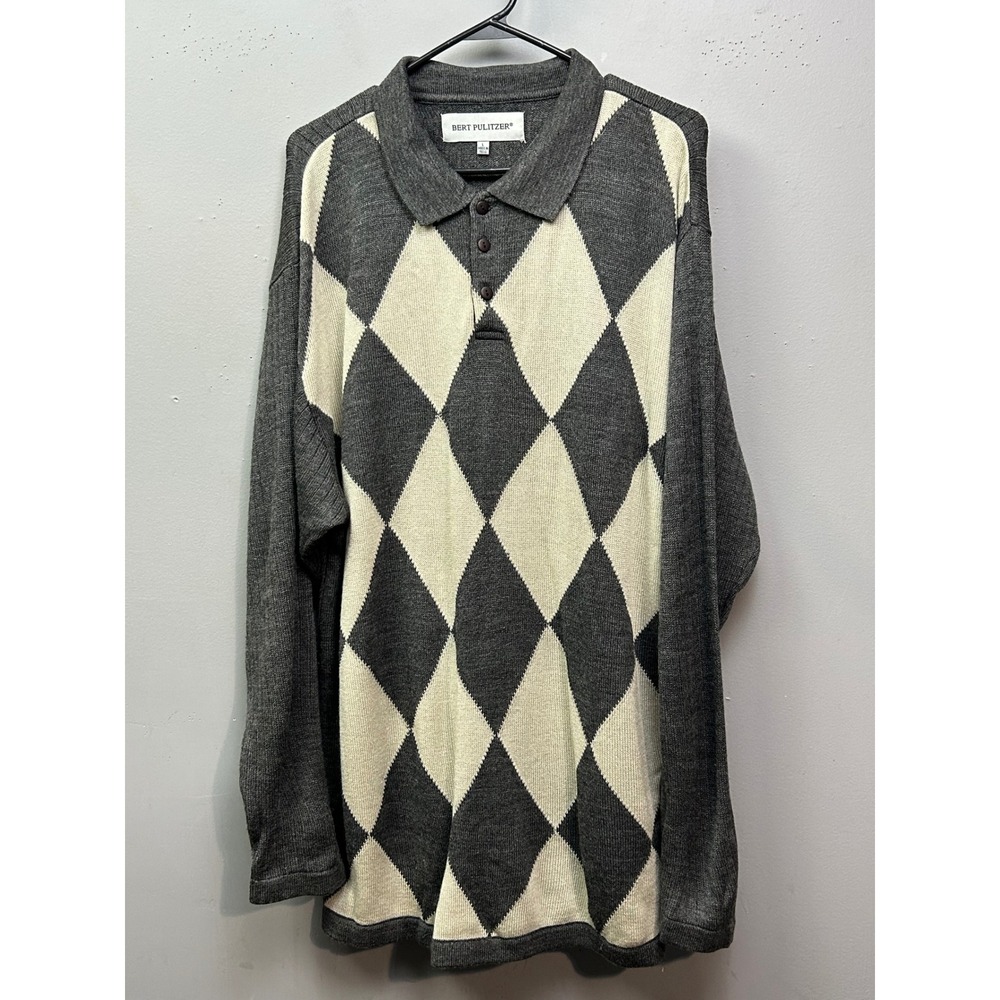 BERT PULITZER Mens Argyle Knit Long Sleeve‎ Polo Shirt Size L Gray Cream